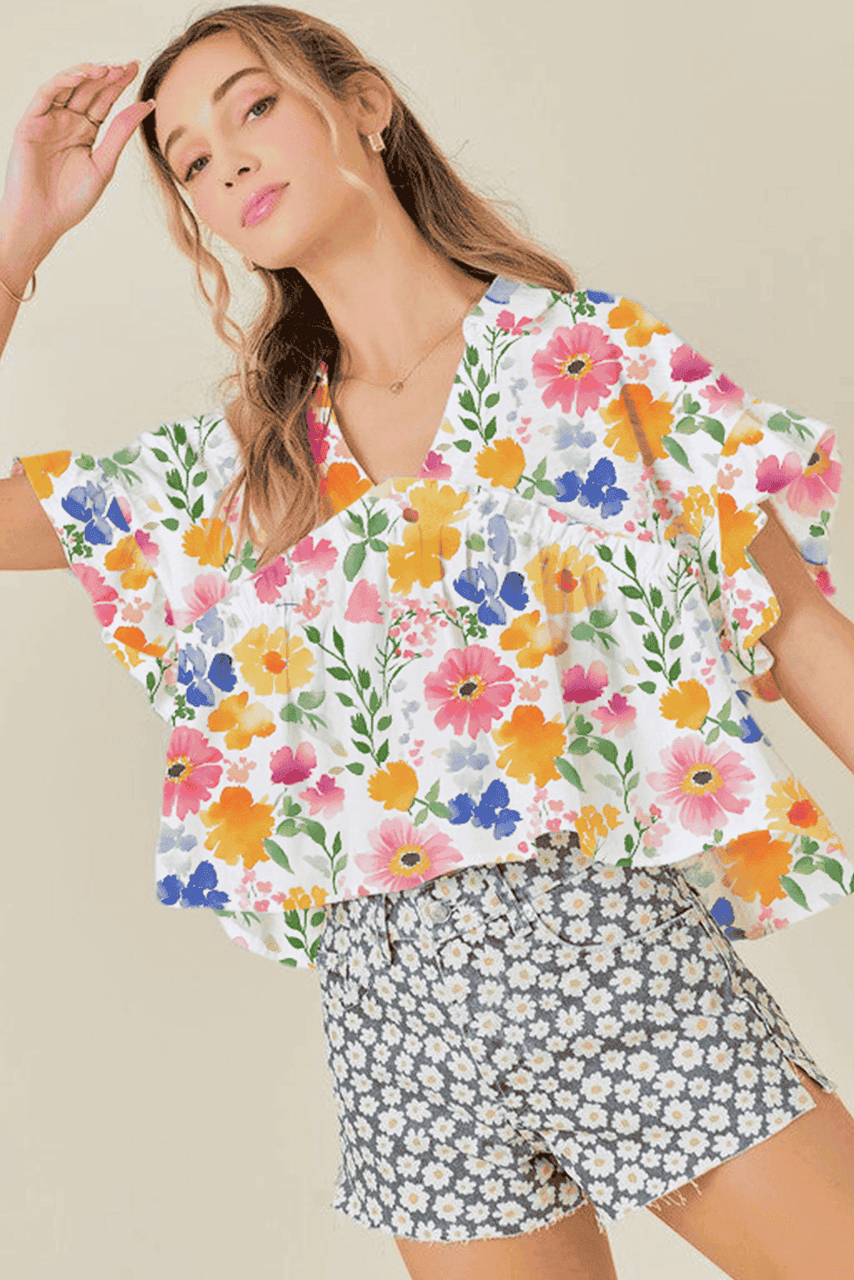 Yellow Floral Boxy Fit Ruffled Short Sleeve V Neck Blouse