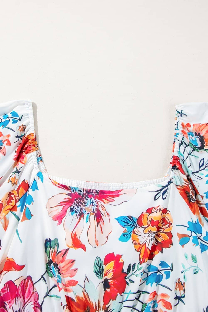 White Floral Square Neck Puff Sleeve Flowy Plus Size Midi Dress