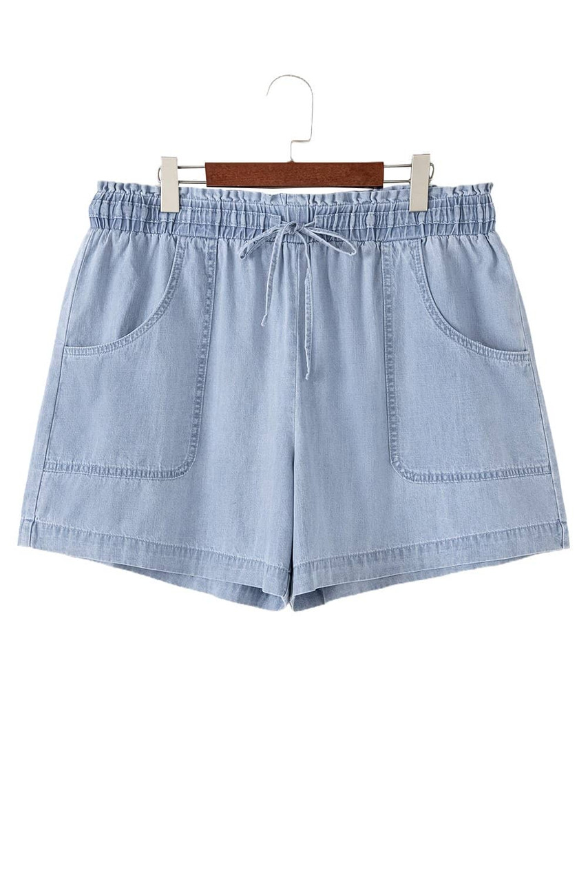 Beau Blue Pocketed Drawstring High Waist Plus Size Denim Shorts