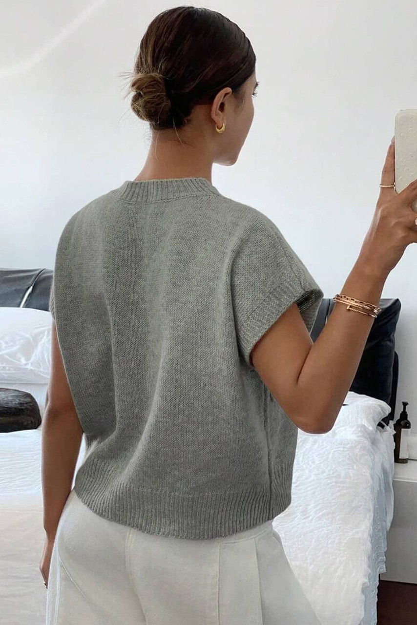 High Flower Pattern Ribbed Trim Short Sleeve Boxy Sweater