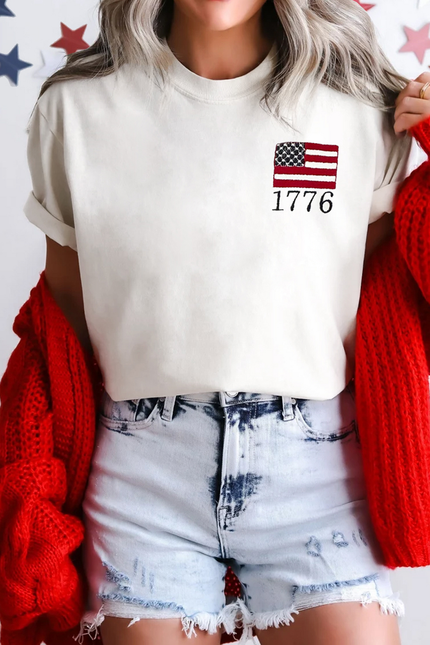 White American Flag 1776 Embroidered Pattern Crew Neck Tee