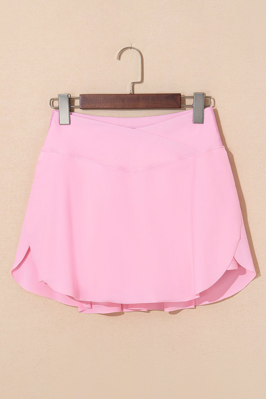 Pink Solid Pocketed Crossover High Waist Swim Skort