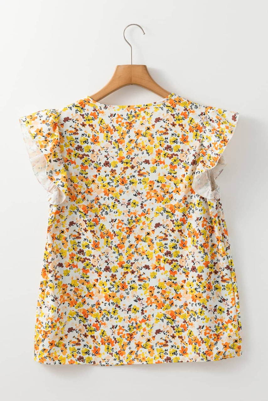 Green Floral Print Ruffled Sleeveless V Neck Tank Top