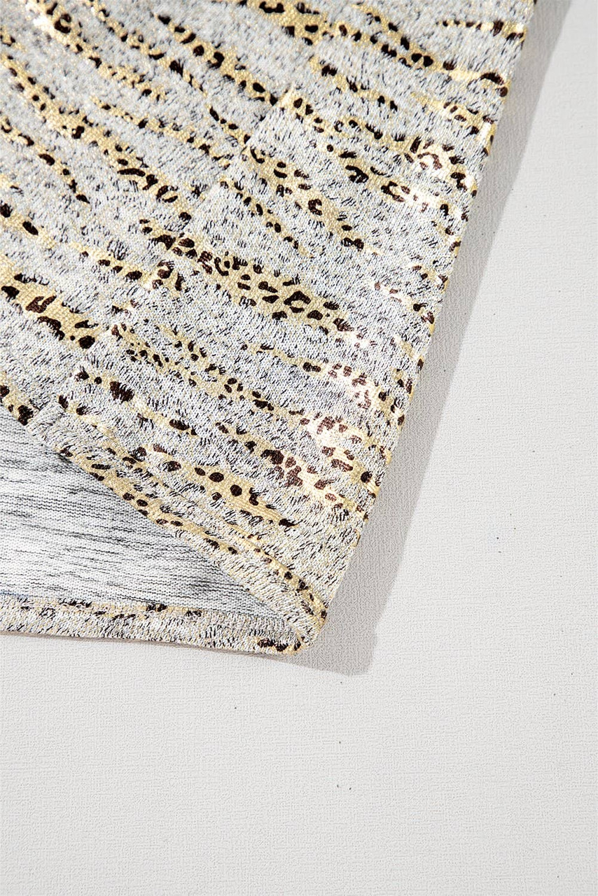 Gray Leopard Print Half Sleeve V Neck Loose Fit T Shirt