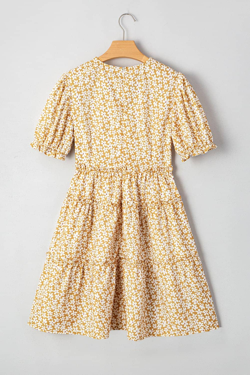 Yellow Floral Short Sleeve V Neck Frilly Tiered Mini Dress Yellow Floral Short Sleeve V Neck Frilly Tiered Mini Dress
