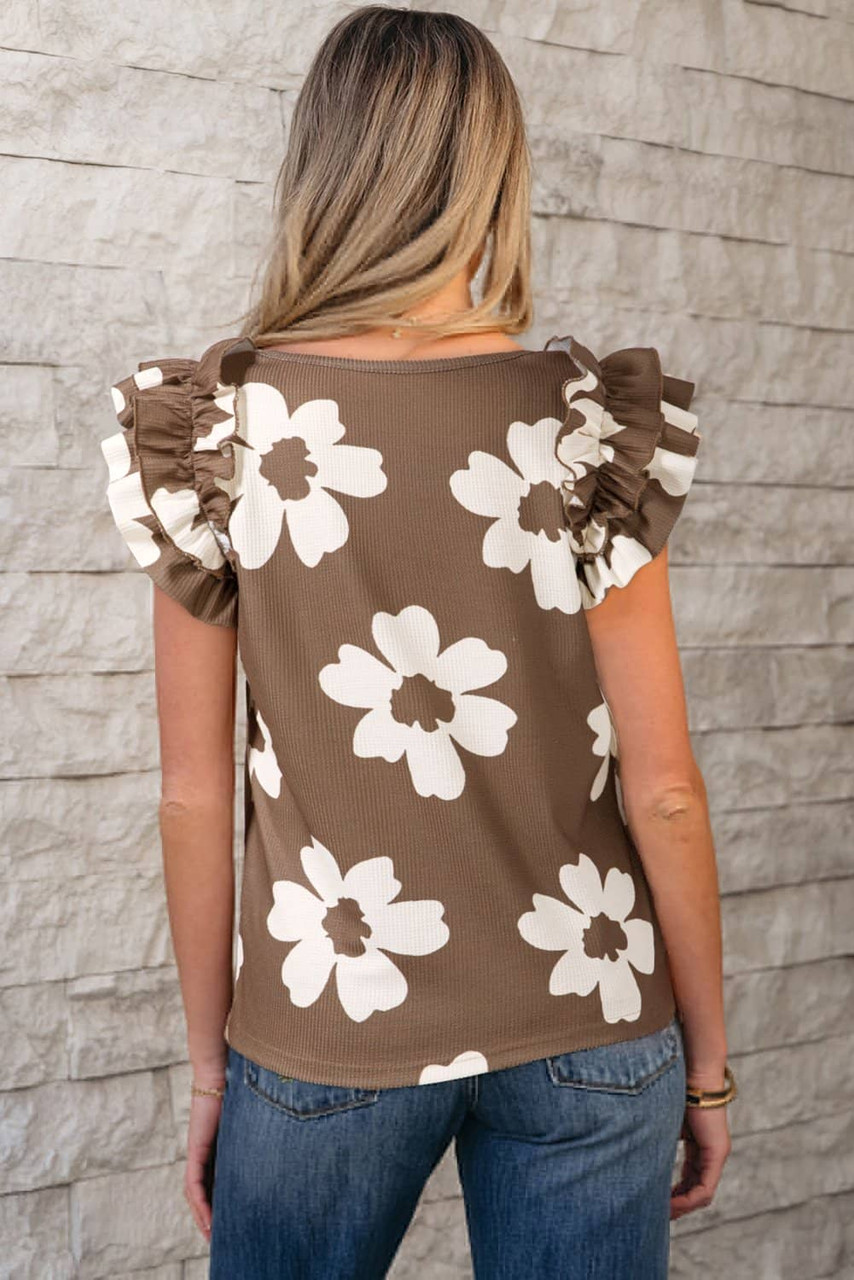 Brown Floral Textured Ruffled Short Sleeve Square Neck Blouse Brown Floral Textured Ruffled Short Sleeve Square Neck Blouse