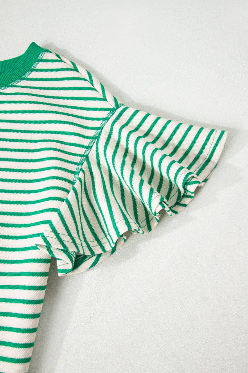 Bright Green Contrast Detail Striped Ruffle Short Sleeve Top