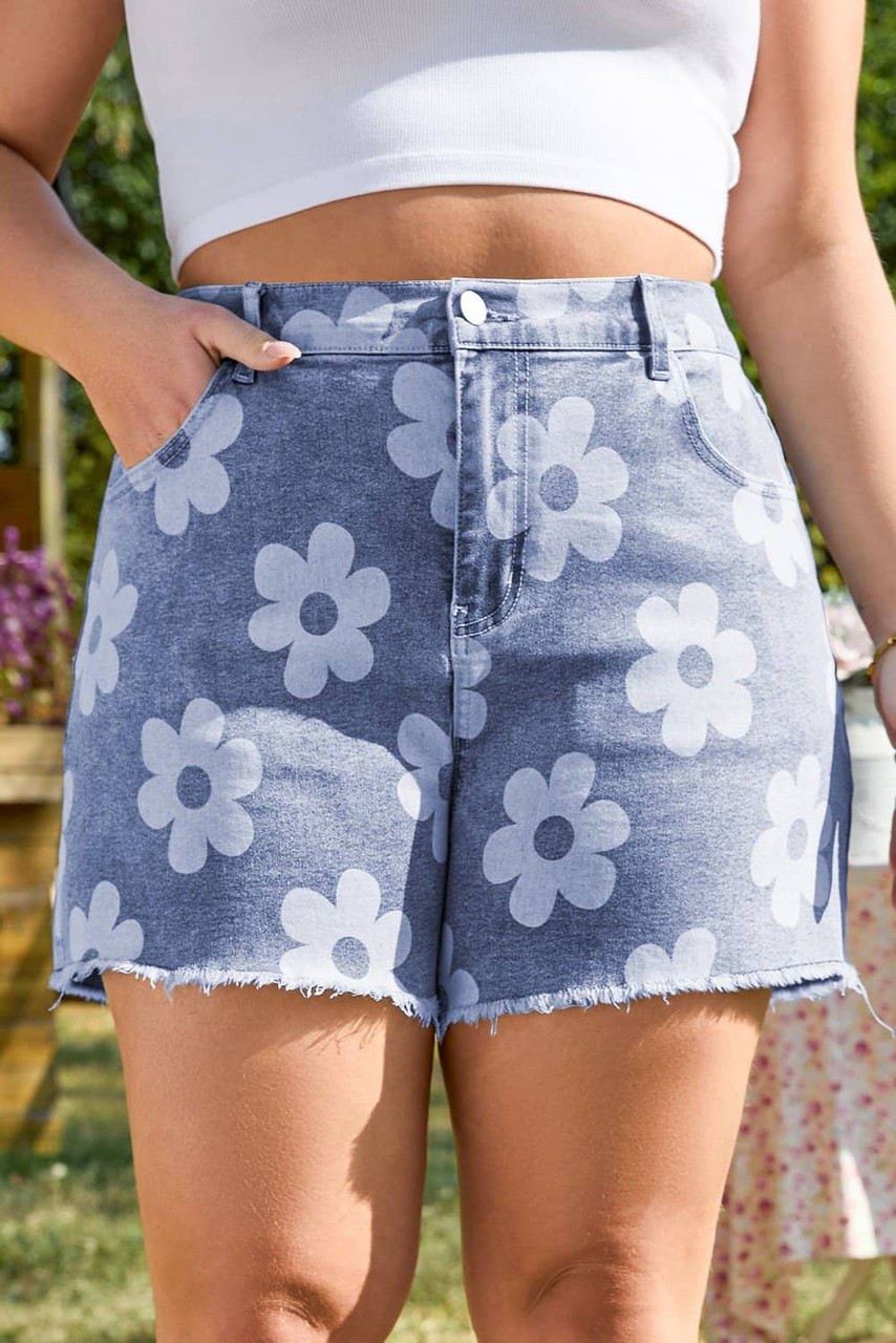 Ashleigh Blue Floral Pattern High Waist Raw Hem Plus Size Denim Shorts