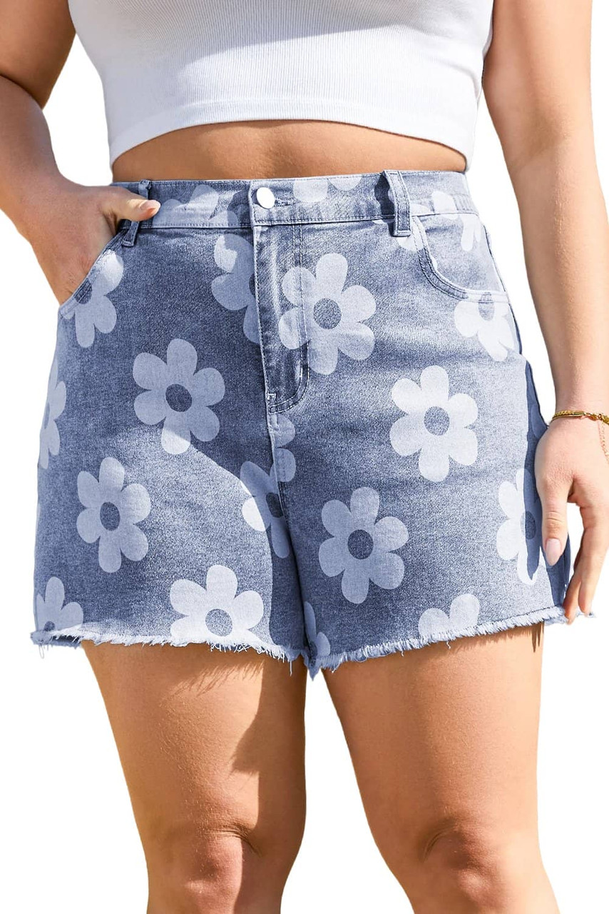 Ashleigh Blue Floral Pattern High Waist Raw Hem Plus Size Denim Shorts