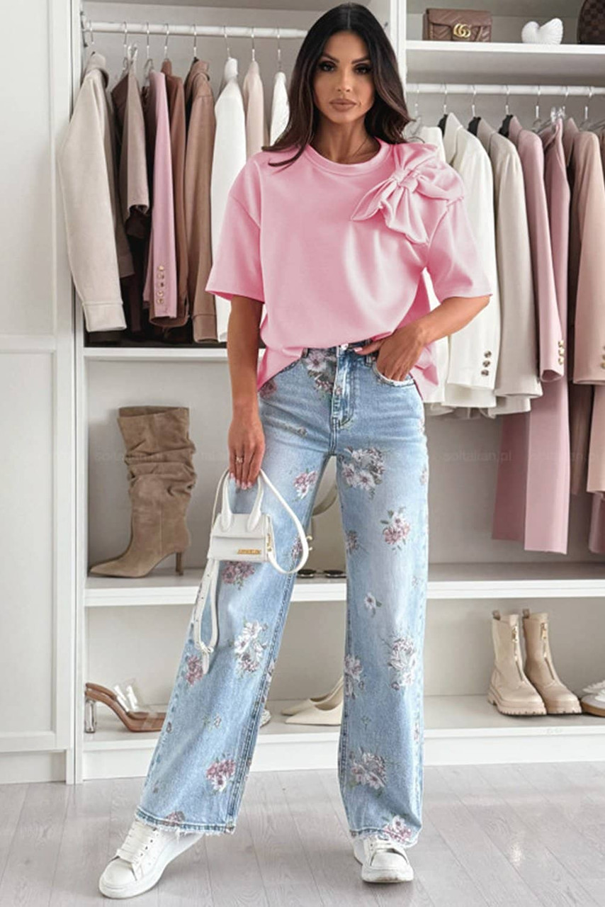 Pink Bow Applique Half Sleeve T-shirt