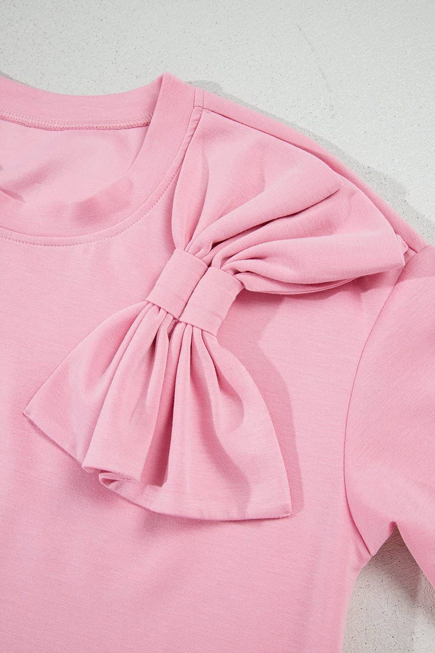 Pink Bow Applique Half Sleeve T-shirt