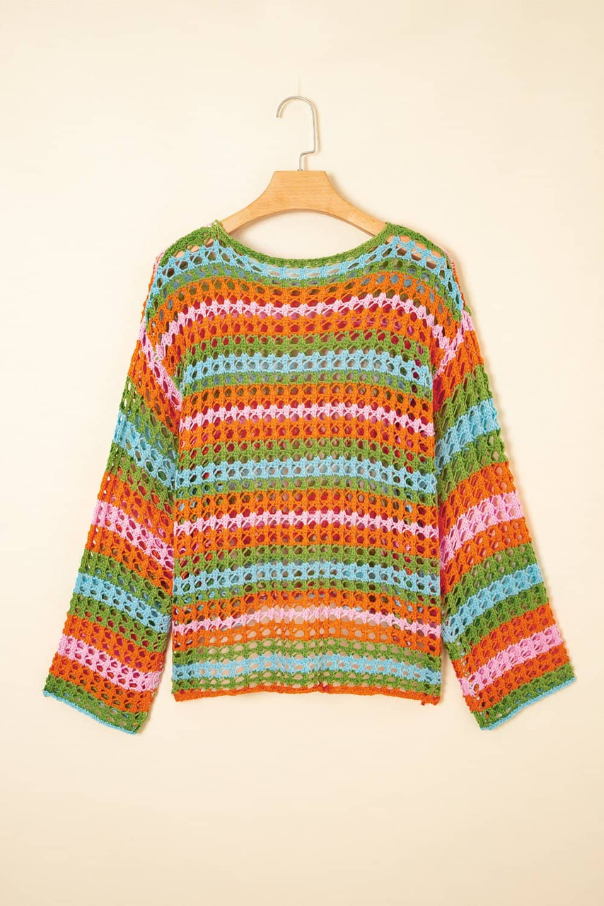 Carrot Multi Stripe Open Knit Sweater Beach Cover Up