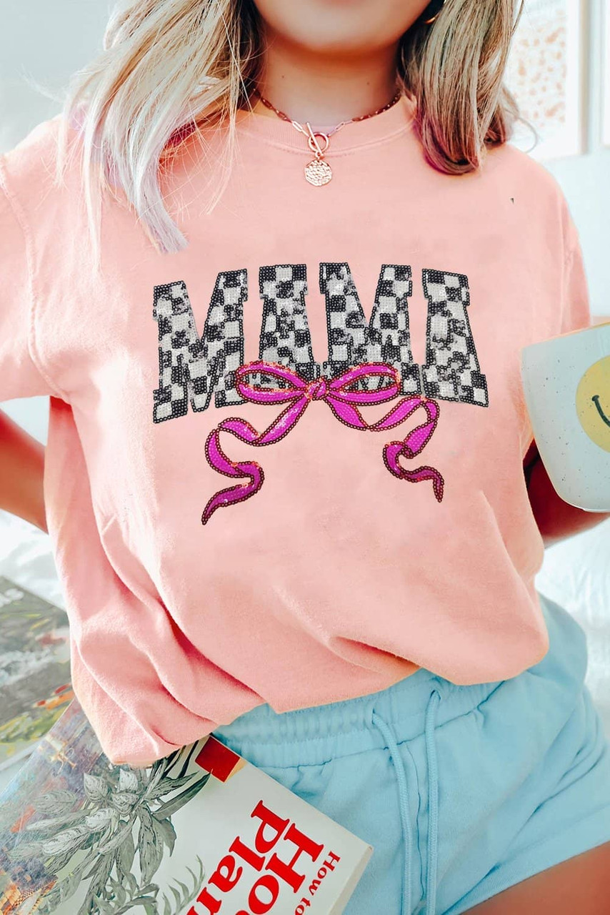 Pink Sequin Checkered MAMA Bow Graphic T Shirt Pink Sequin Checkered MAMA Bow Graphic T Shirt