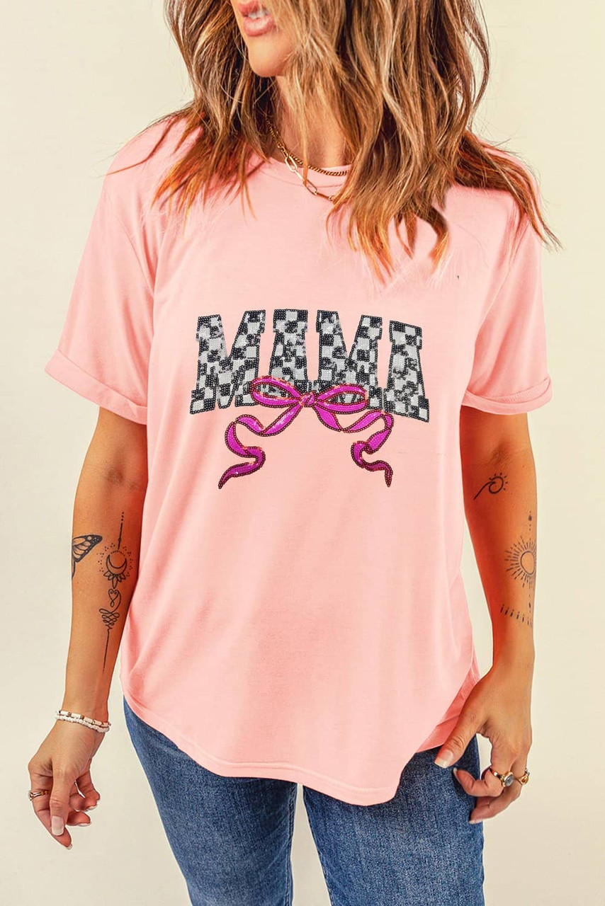 Pink Sequin Checkered MAMA Bow Graphic T Shirt Pink Sequin Checkered MAMA Bow Graphic T Shirt