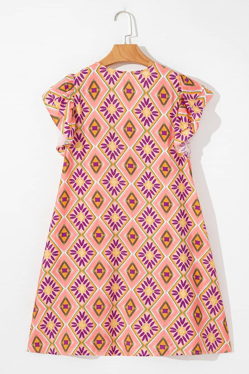 Orange Geometric Floral V Neck Buttoned Ruffled Sleeve Mini Dress