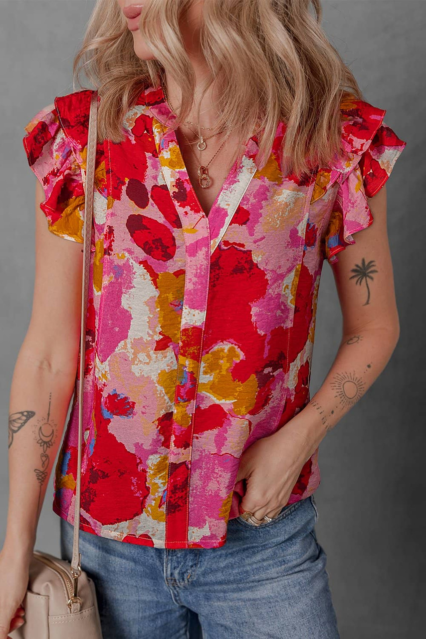 Red Abstract Print Split V Neck Ruffle Short Sleeve Blouse