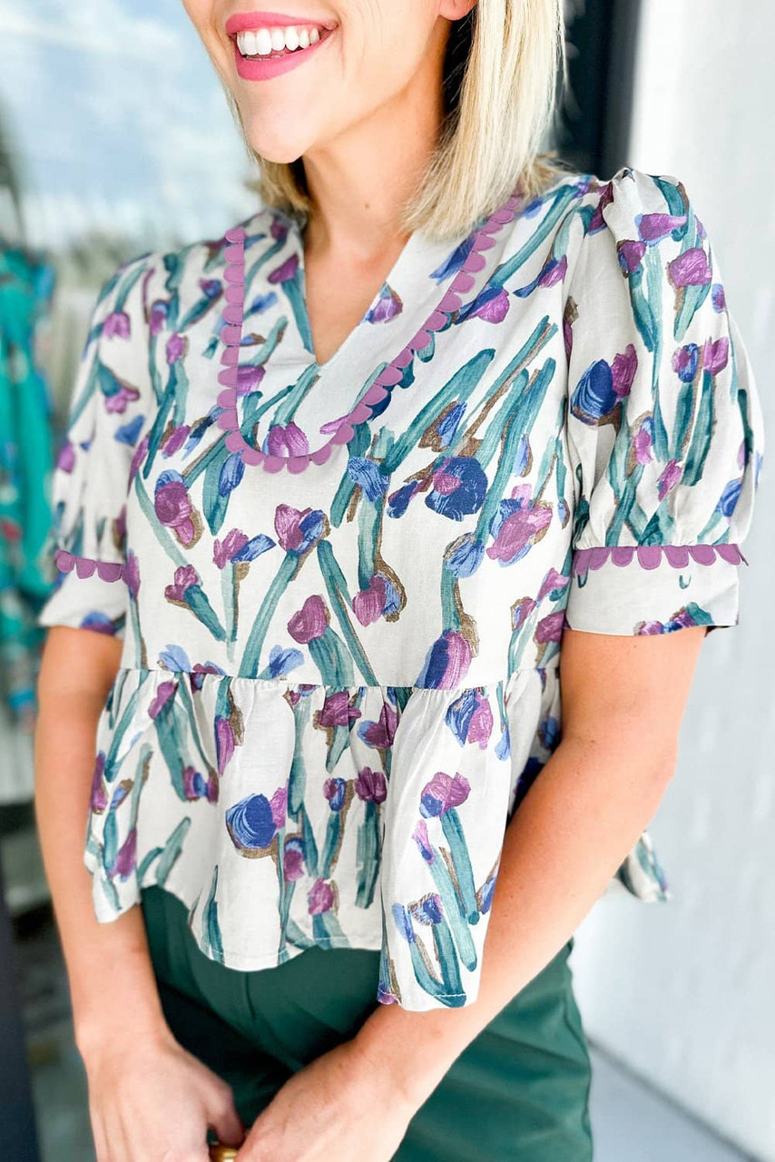 Purple Floral Ricrac Trim Half Sleeve Peplum Top