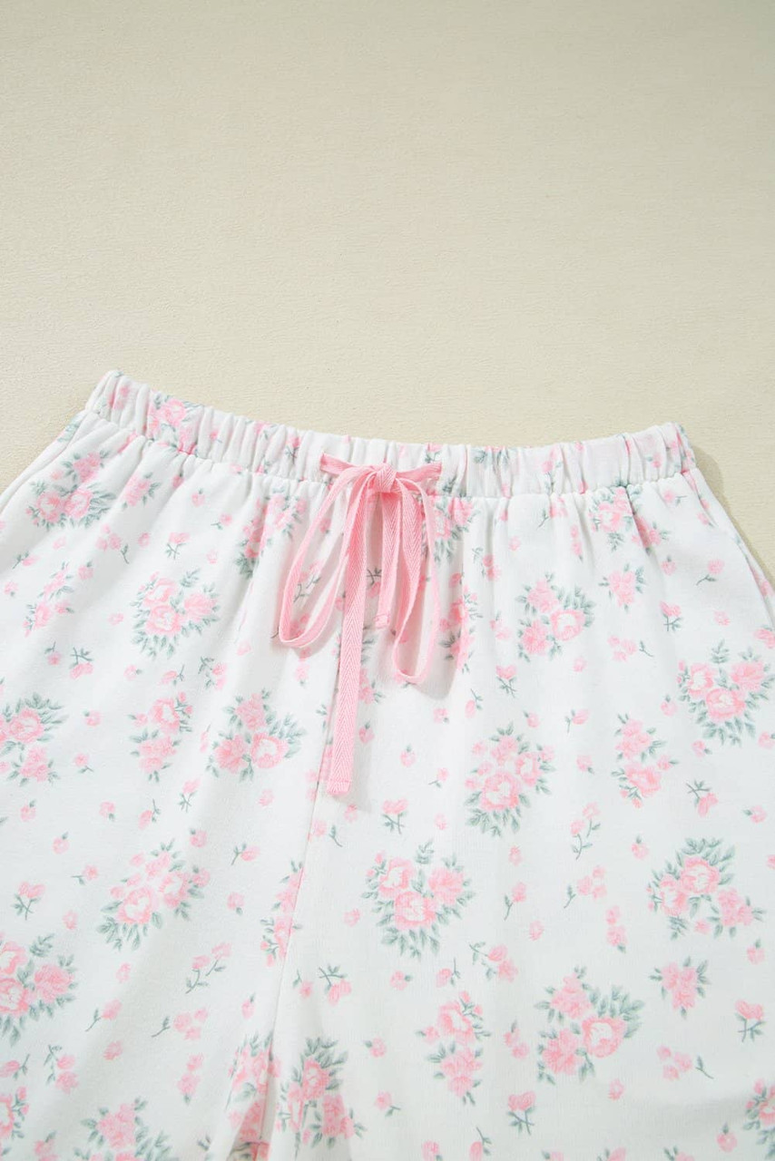 Pink Floral Lettuce Trim Tee and Shorts Ribbed Lounge Set