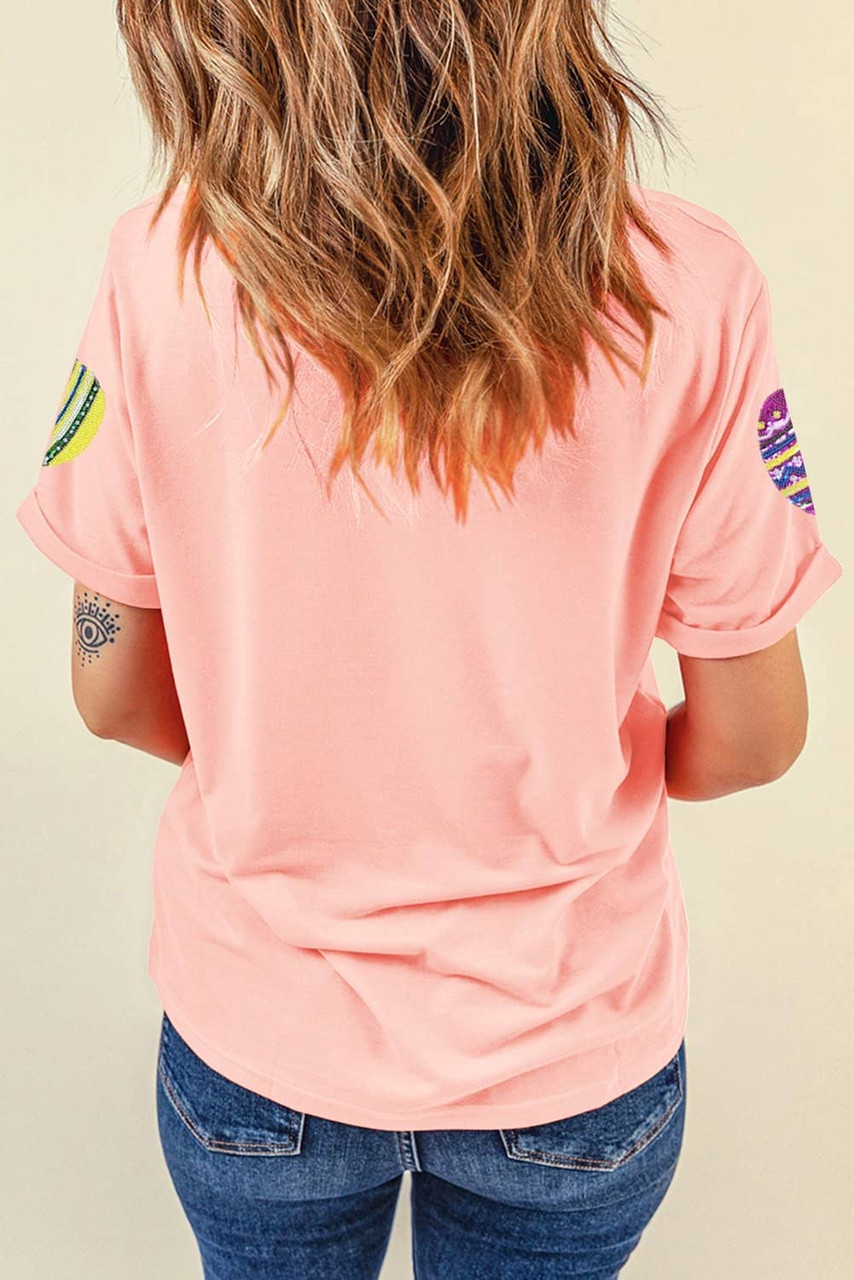 Pink Sequined Easter Egg Patched Print Holiday Tee