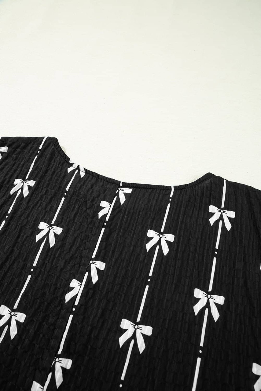 Black Bow Print Puff Short Sleeve Top