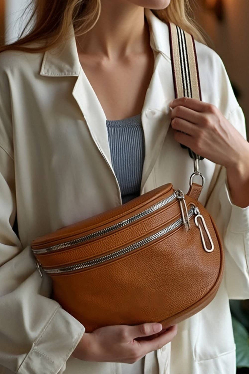Chestnut PU Leather Double Zipper Crossbody Bag