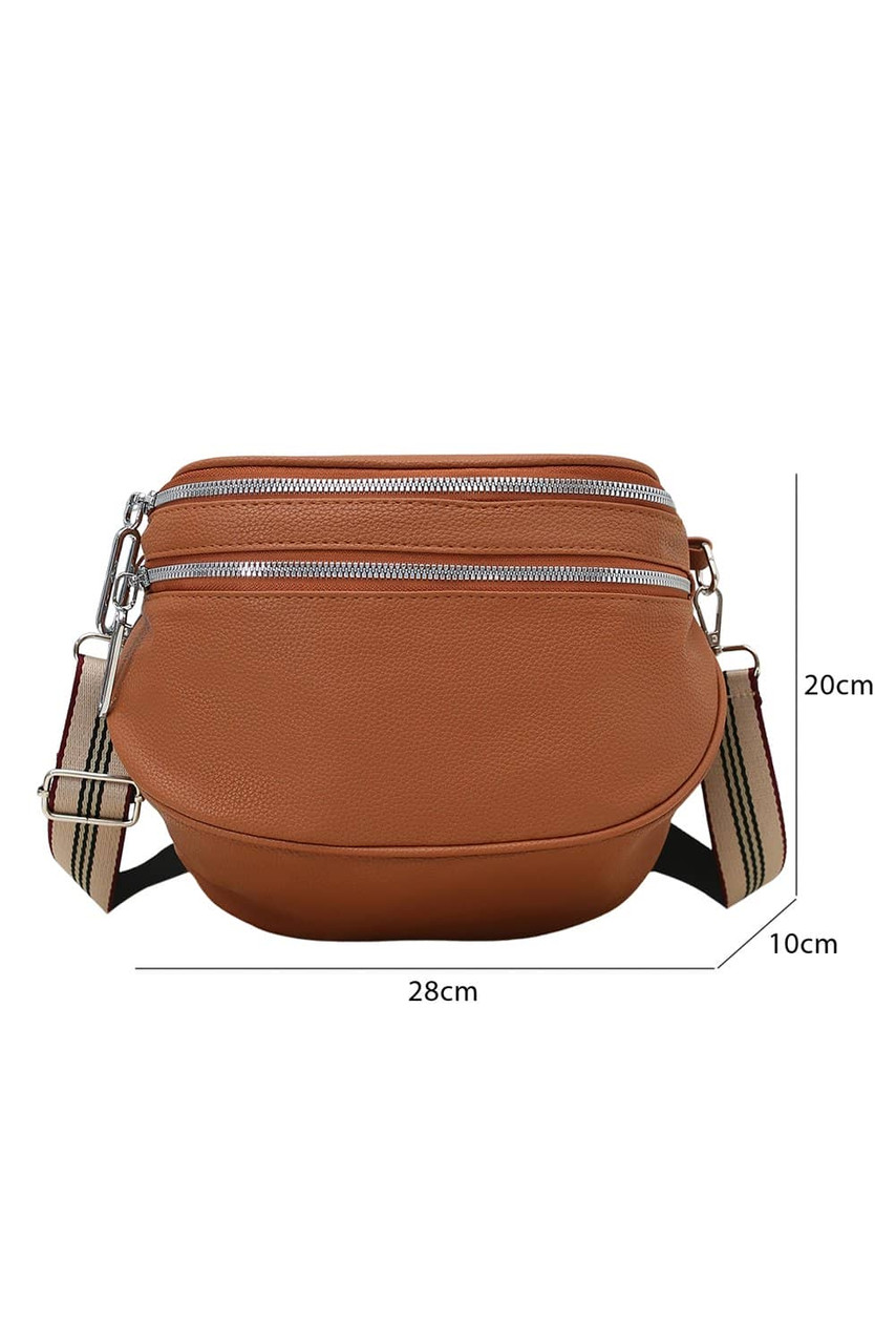 Chestnut PU Leather Double Zipper Crossbody Bag