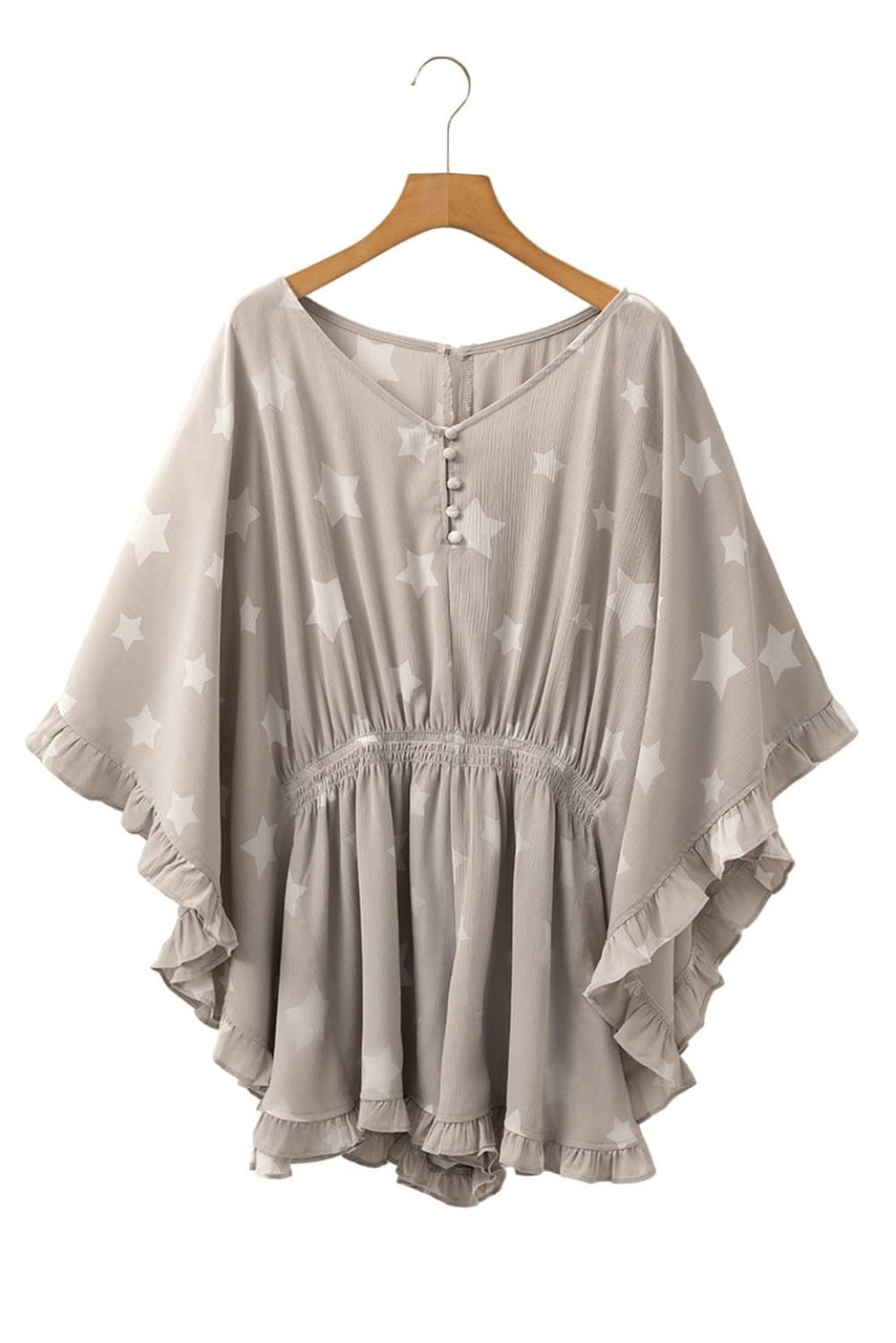 Gray Star Print Crinkle Textured Kimono Ruffle Sleeve Romper Gray Star Print Crinkle Textured Kimono Ruffle Sleeve Romper