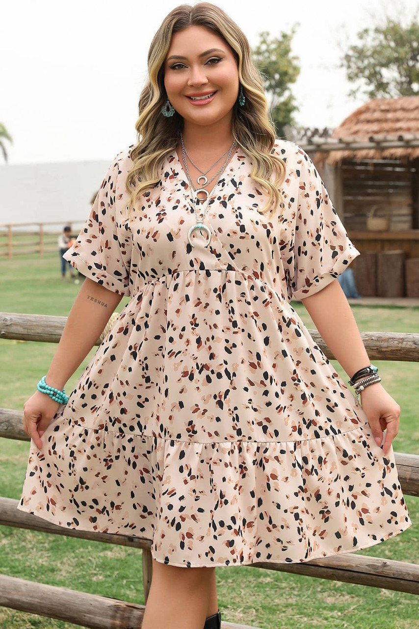 Beige Printed Surplice V Neck Cuffed Sleeve Empire Waist Plus Size Dress