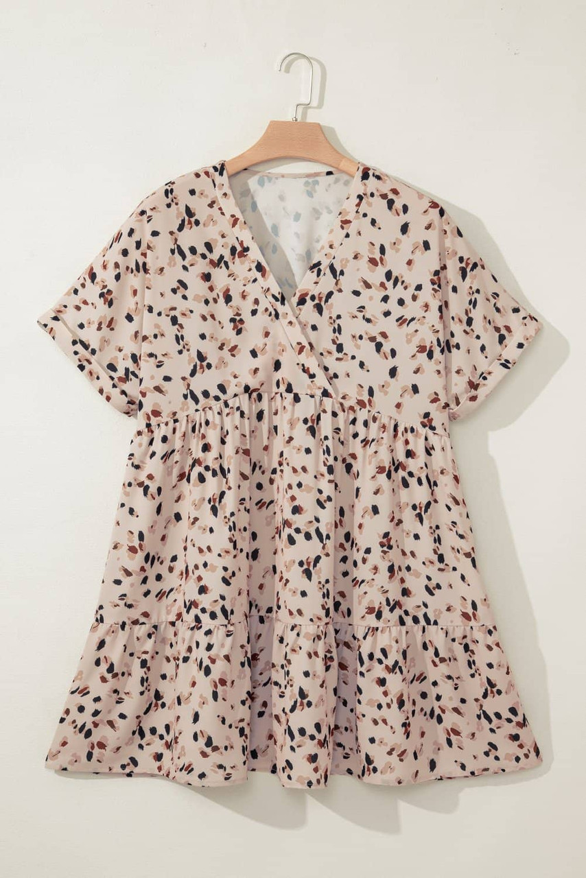 Beige Printed Surplice V Neck Cuffed Sleeve Empire Waist Plus Size Dress