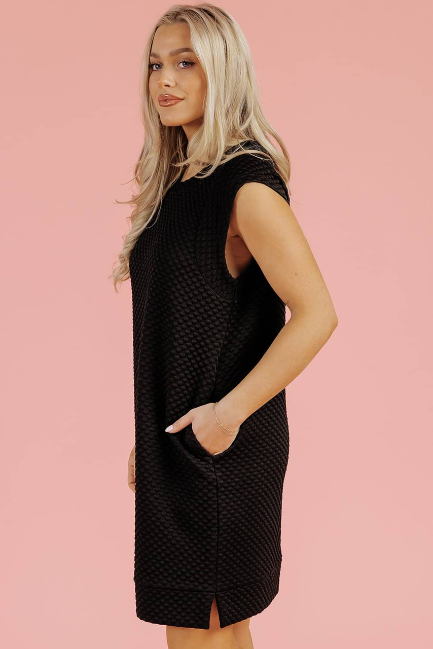 Black Textured Cap Sleeve T-shirt Shift Mini Dress