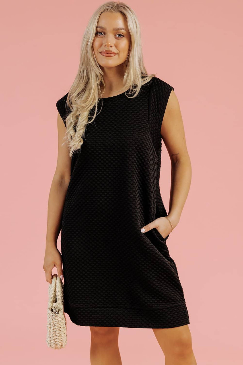 Black Textured Cap Sleeve T-shirt Shift Mini Dress