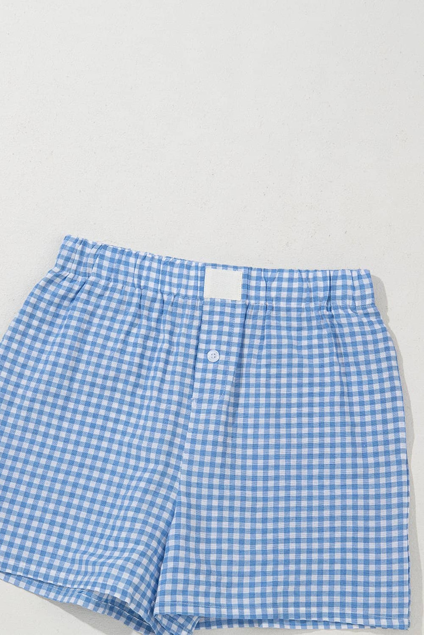blue Red Plaid Gingham Printed High Waist Shorts
