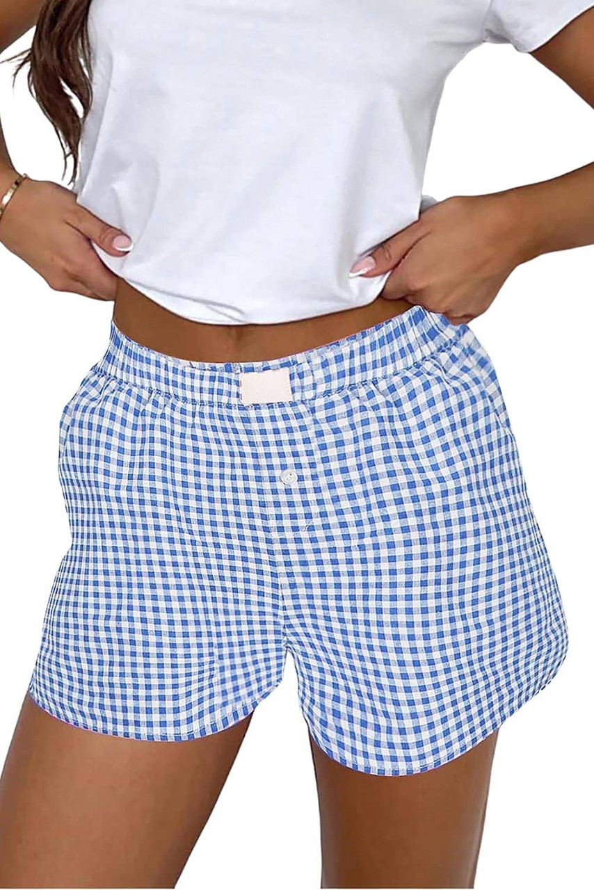 blue Red Plaid Gingham Printed High Waist Shorts