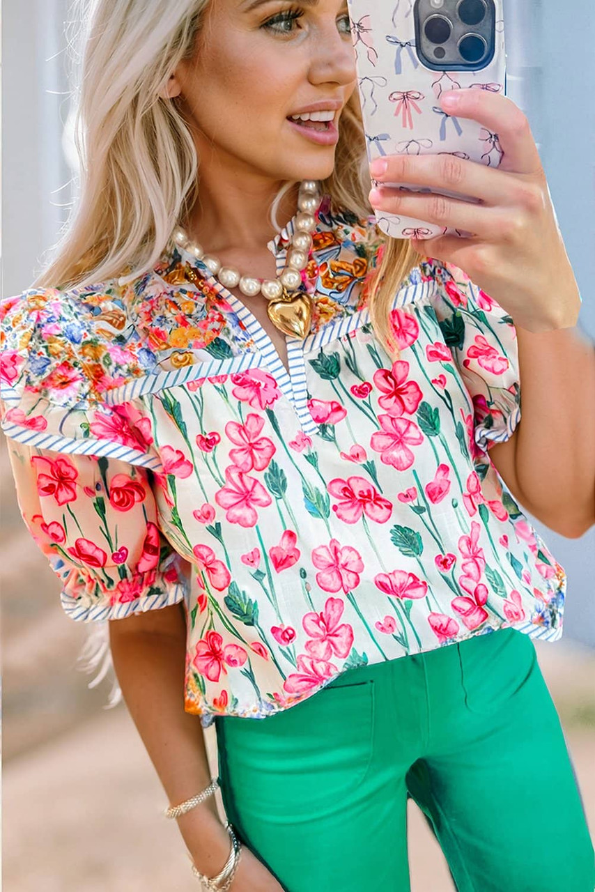 Pink Floral Print Striped Detail Split Neck Short Sleeve Blouse Pink Floral Print Striped Detail Split Neck Short Sleeve Blouse