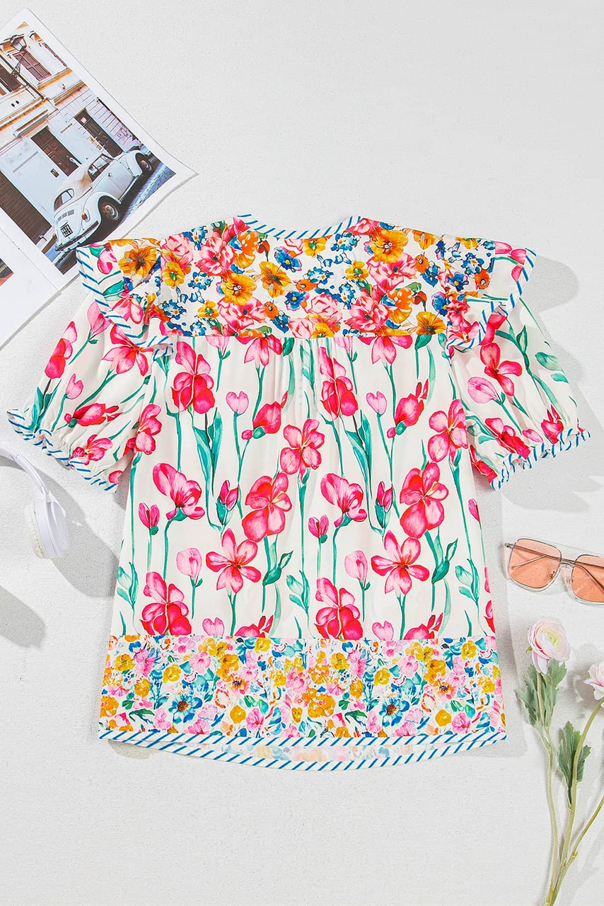 Pink Floral Print Striped Detail Split Neck Short Sleeve Blouse Pink Floral Print Striped Detail Split Neck Short Sleeve Blouse