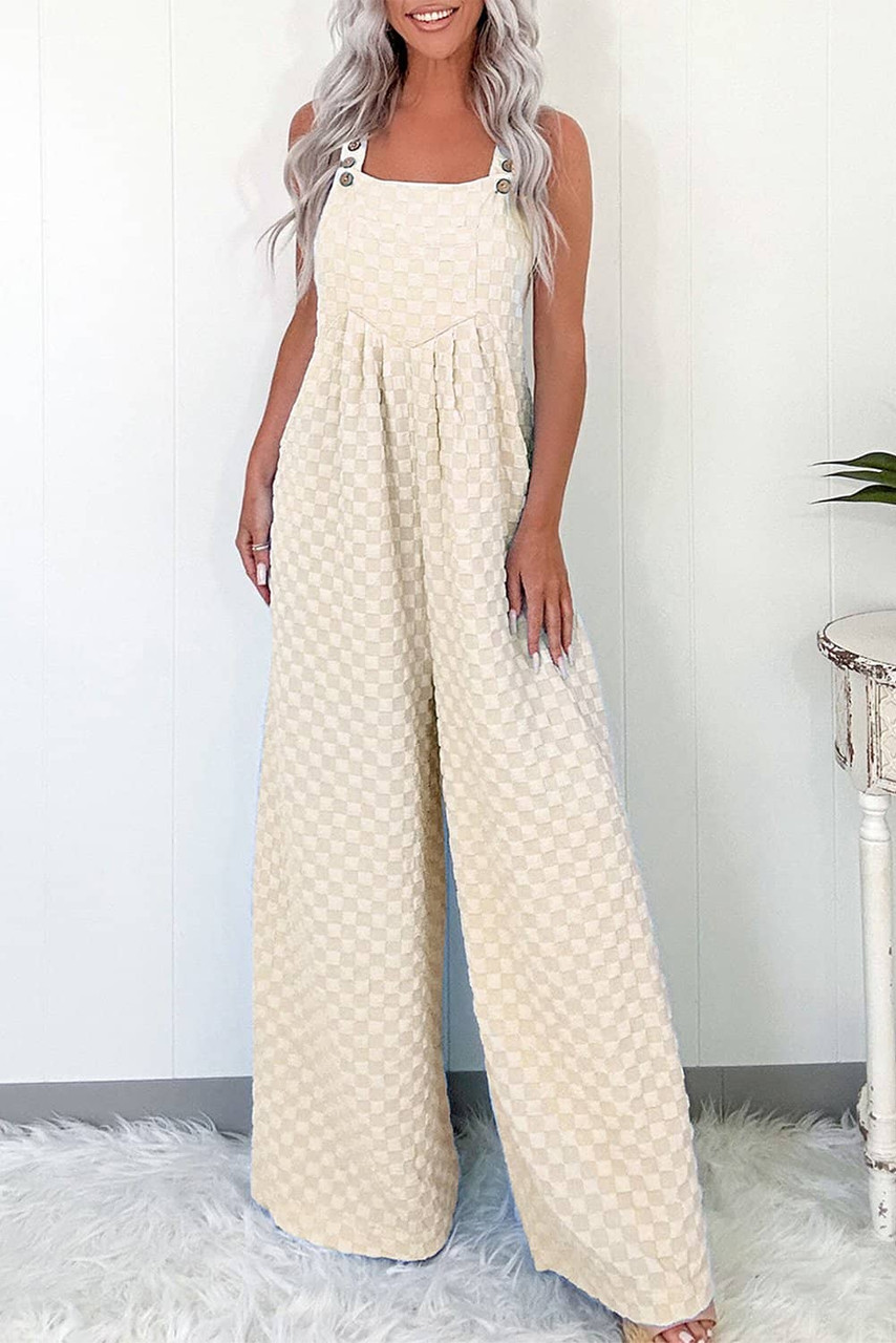 Beige Checkered Pocketed High Waist Wide Leg Overall
