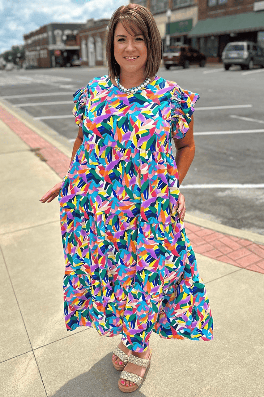 Blue Geometric Print Ruffled Short Sleeve Plus Size Tiered Maxi Dress