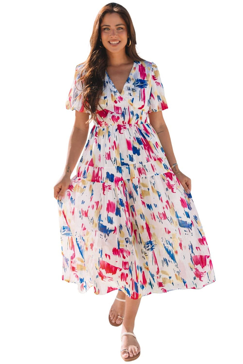 Rose Abstract Print Short Puff Sleeve Tiered Maxi Dress