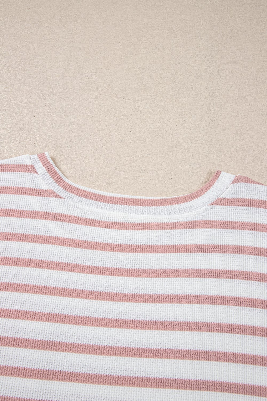 Pink Stripe Waffle Knit Pocketed Half Sleeve Plus Size T Shirt