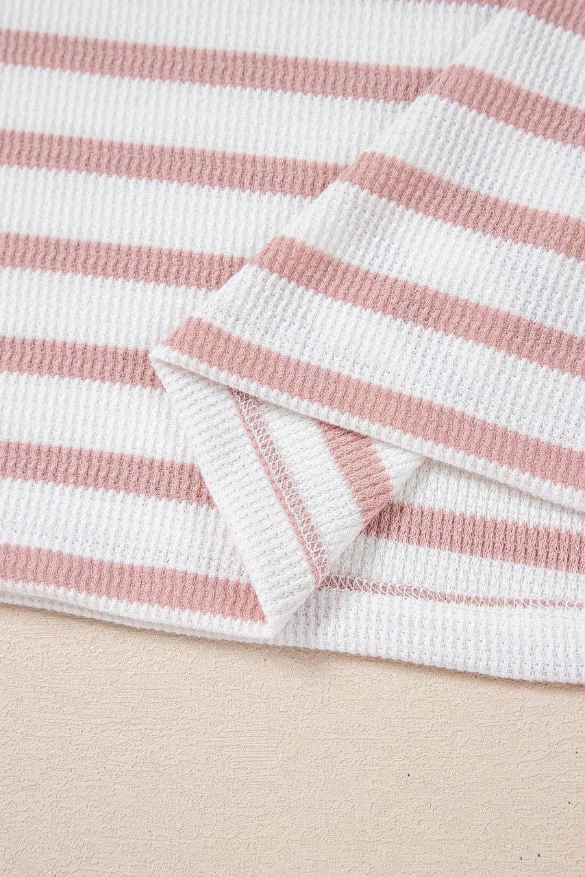 Pink Stripe Waffle Knit Pocketed Half Sleeve Plus Size T Shirt