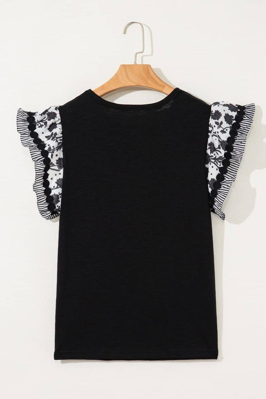 Black Ricrac Trim Printed Flutter Sleeve Contrast Patchwork Blouse Black Ricrac Trim Printed Flutter Sleeve Contrast Patchwork Blouse