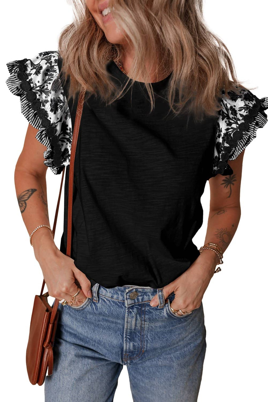 Black Ricrac Trim Printed Flutter Sleeve Contrast Patchwork Blouse Black Ricrac Trim Printed Flutter Sleeve Contrast Patchwork Blouse