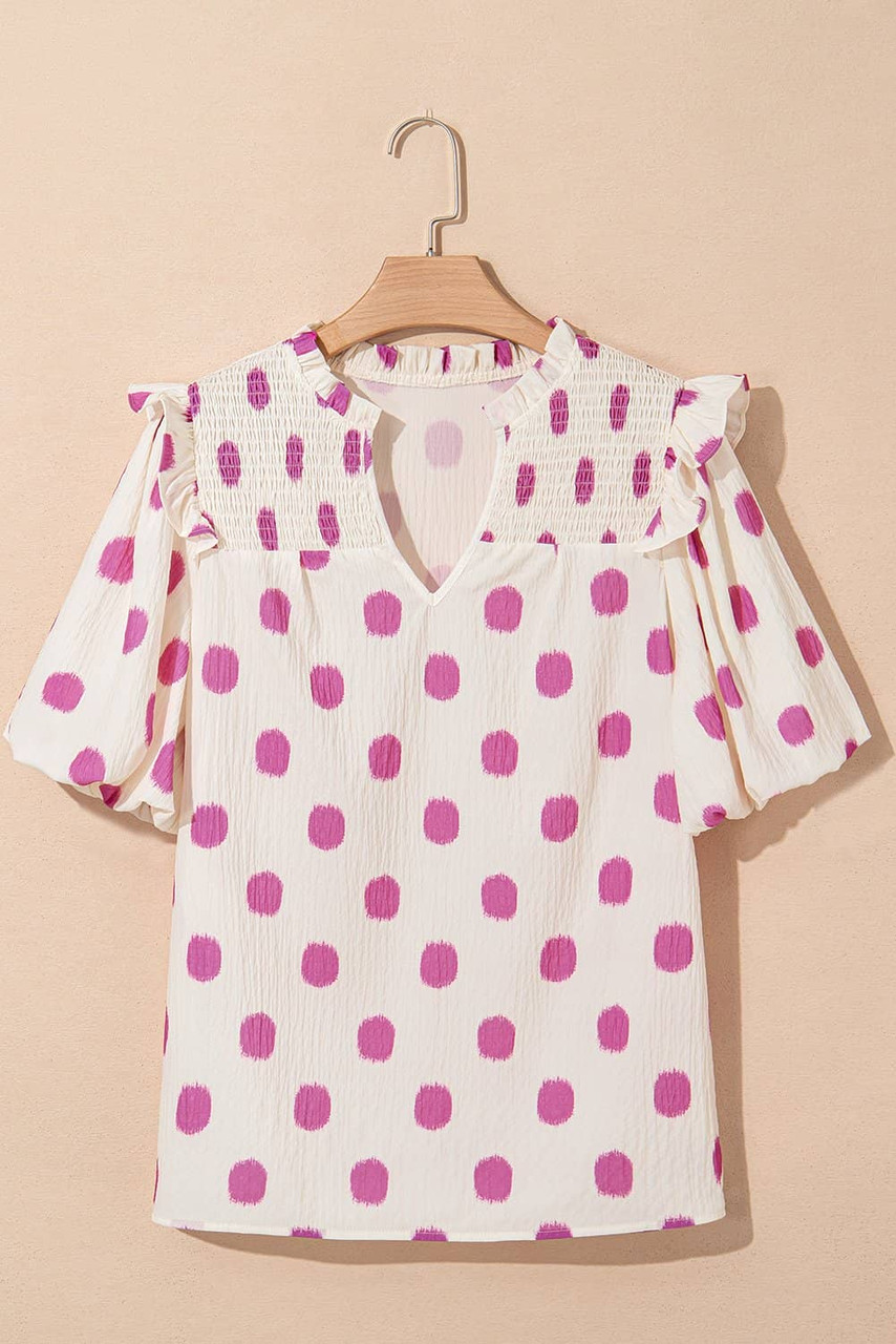 Rose Polka Dot Print Shirred Yoke Notched Neck Balloon Sleeve Blouse