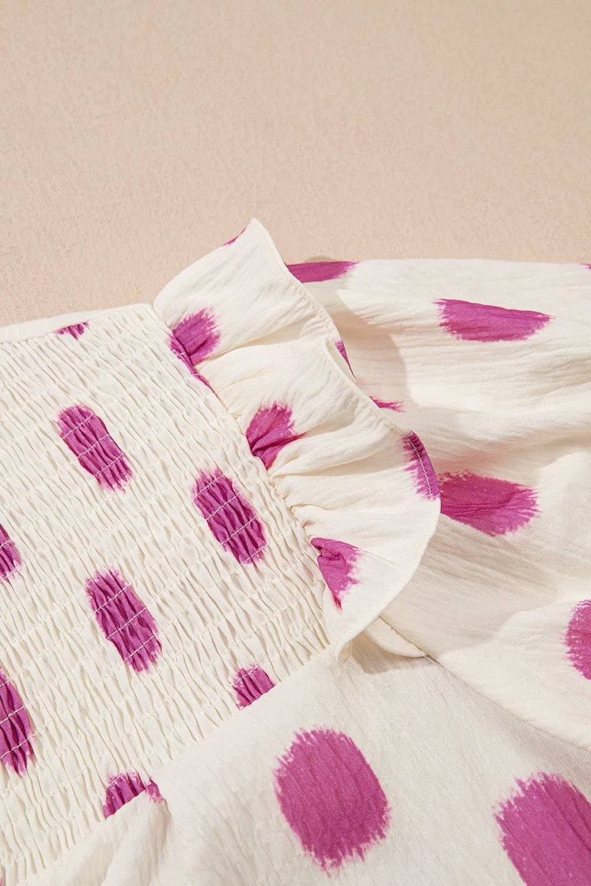 Rose Polka Dot Print Shirred Yoke Notched Neck Balloon Sleeve Blouse