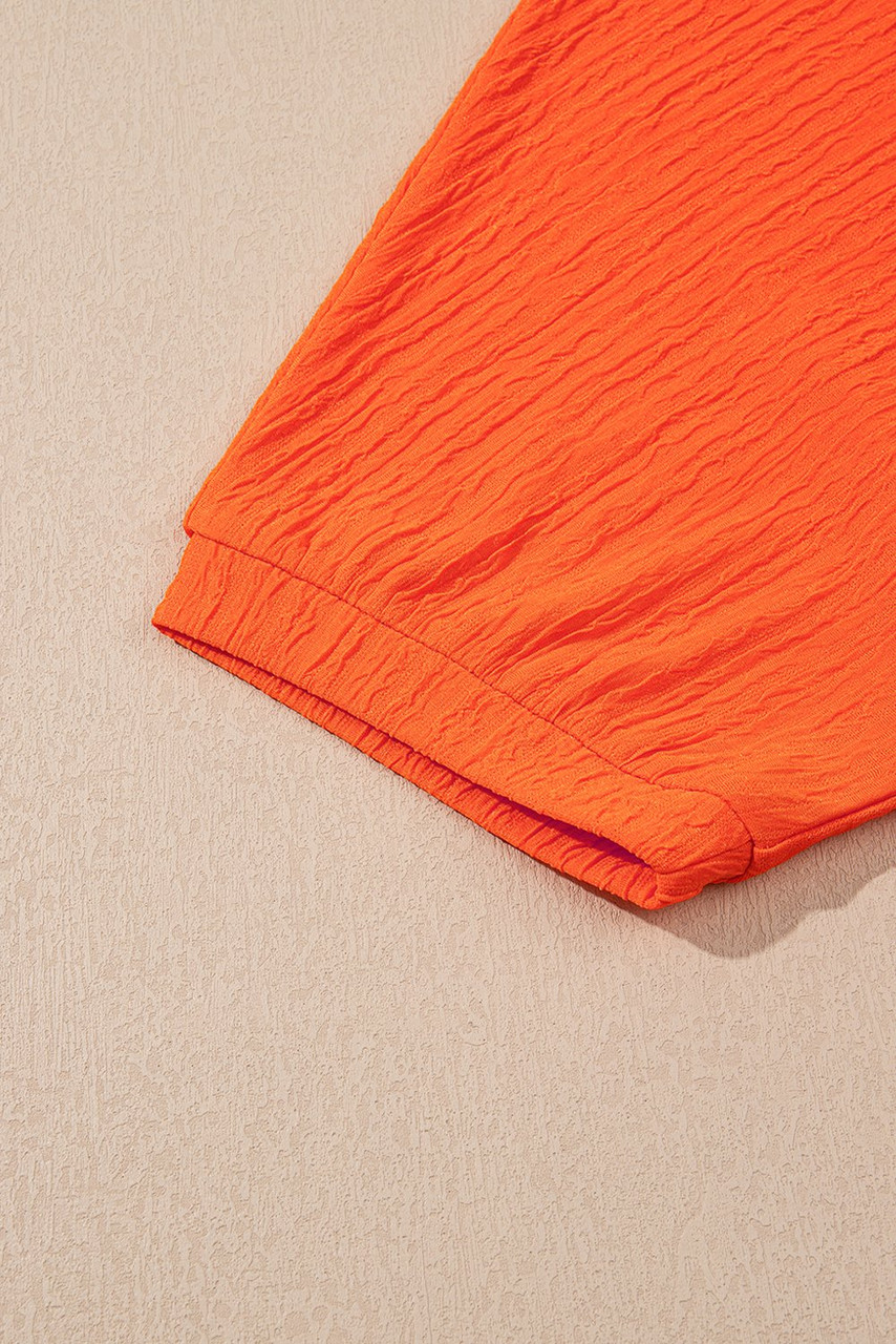 Orange Textured V Neck T Shirt and Shorts Set