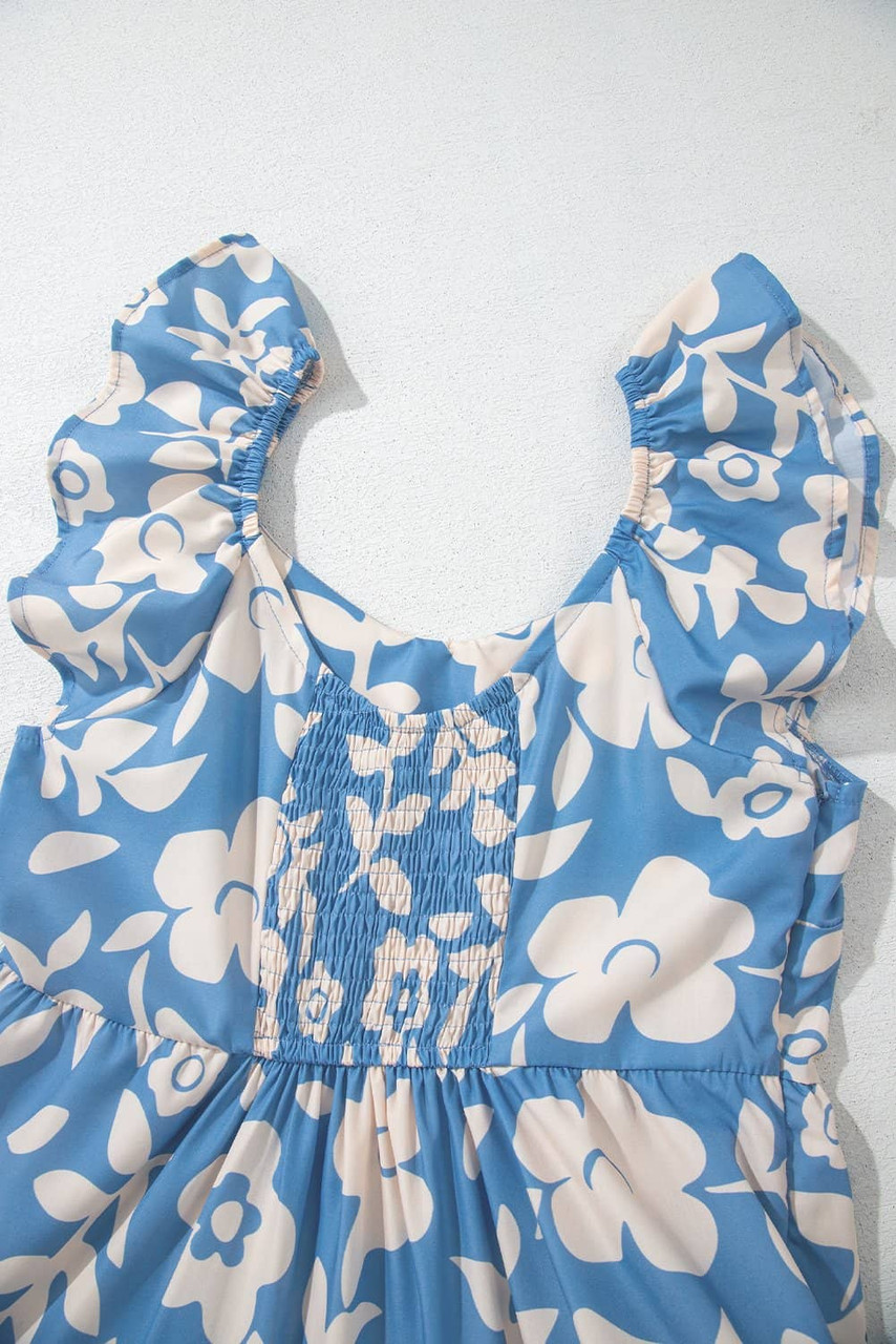 Sky Blue Floral U Neck Flutter Shoulder Tiered Flowy Midi Dress