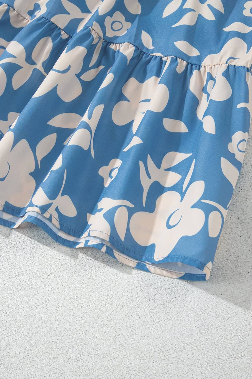 Sky Blue Floral U Neck Flutter Shoulder Tiered Flowy Midi Dress