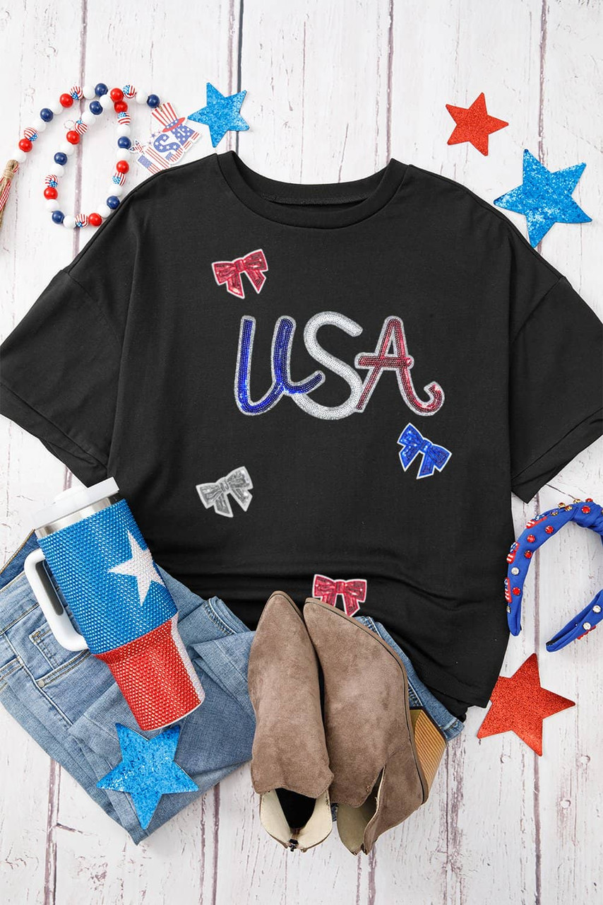 Black Sequin USA Bow Graphic Independence Day T Shirt Black Sequin USA Bow Graphic Independence Day T Shirt