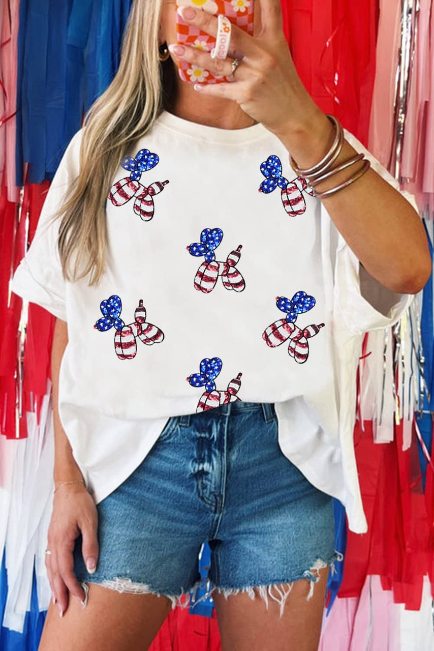 White Sequin USA Flag Balloon Puppy Graphic Drop Shoulder High Low Tee White Sequin USA Flag Balloon Puppy Graphic Drop Shoulder High Low Tee