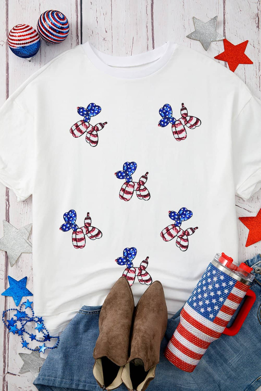 White Sequin USA Flag Balloon Puppy Graphic Drop Shoulder High Low Tee White Sequin USA Flag Balloon Puppy Graphic Drop Shoulder High Low Tee